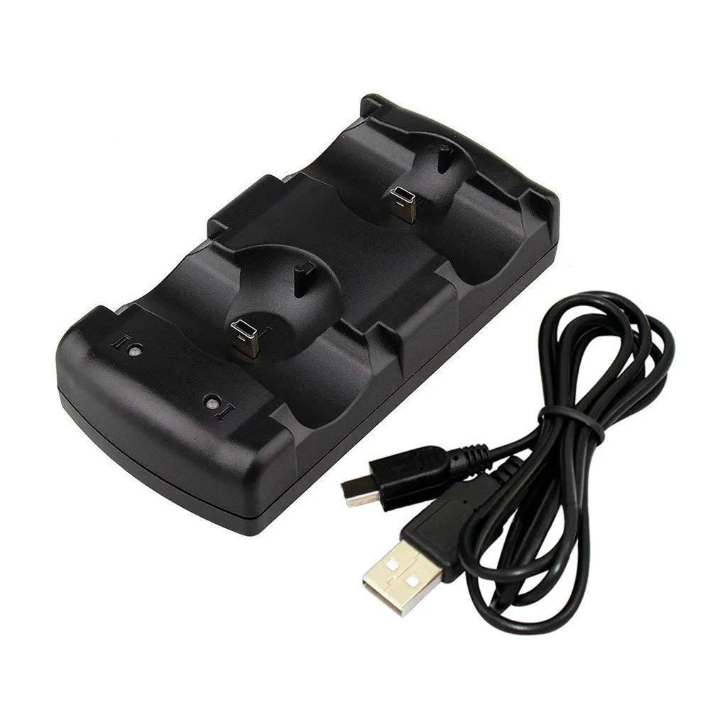 Black PS3 dual controller charging dock station showing two controllers on USB charging base.