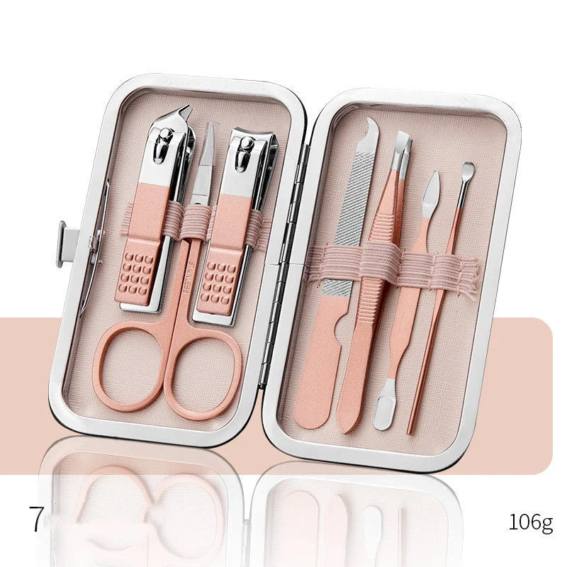 Professional Nail Care Set with stainless steel tools in a leather case