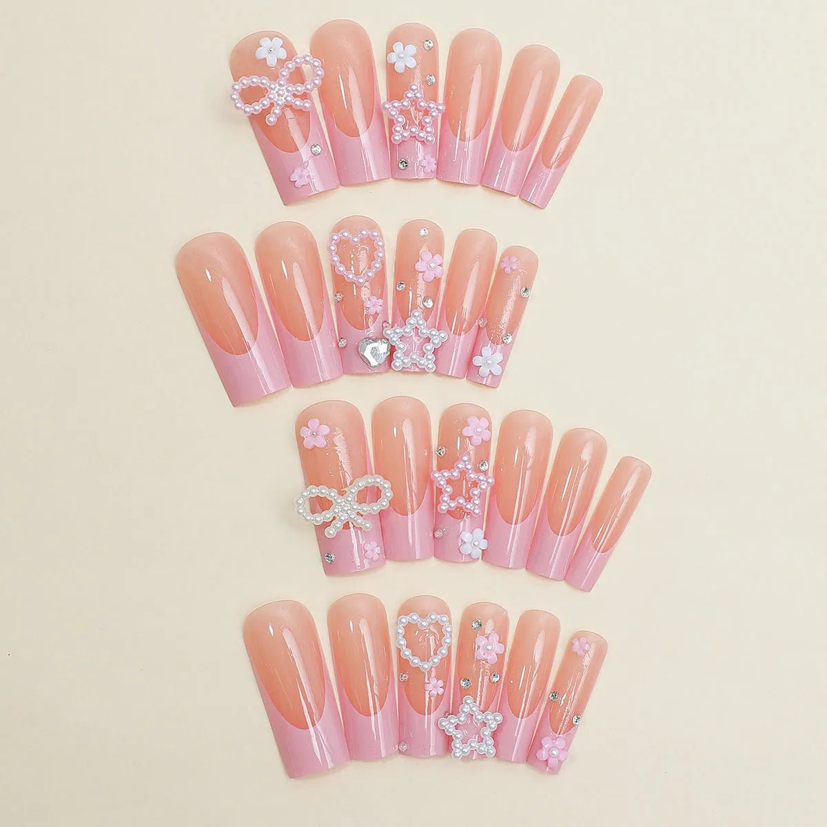 Super long water pipe French spot drill bow wear nail design in XB-70-48 colour with love pattern.