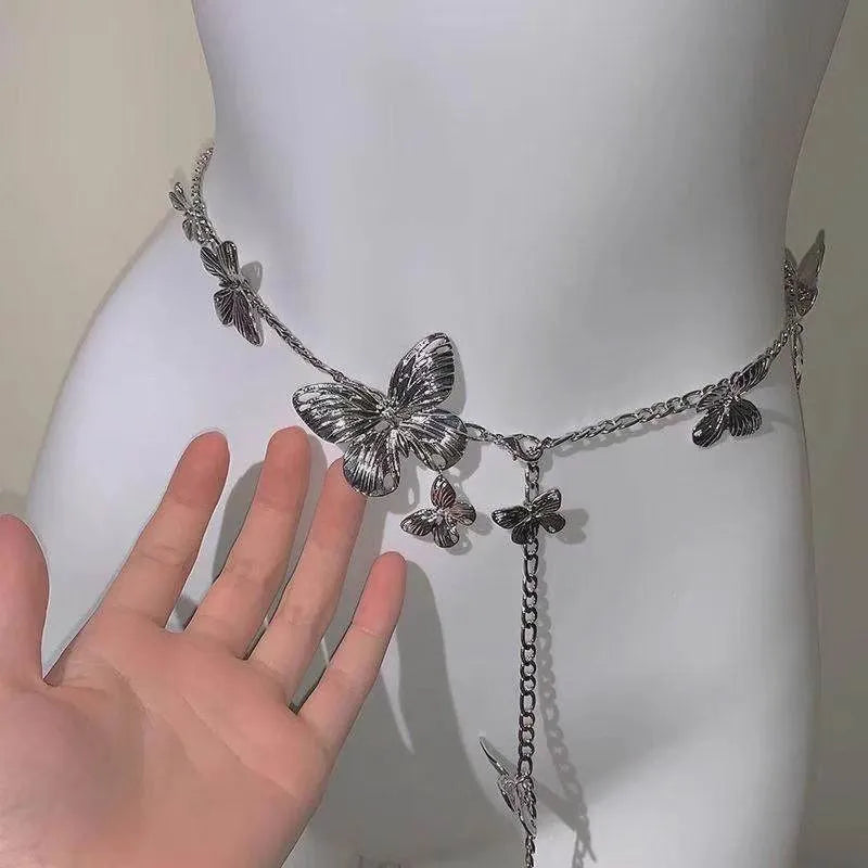 Butterfly waist chain in alloy with gold or silver colour options and 104cm length