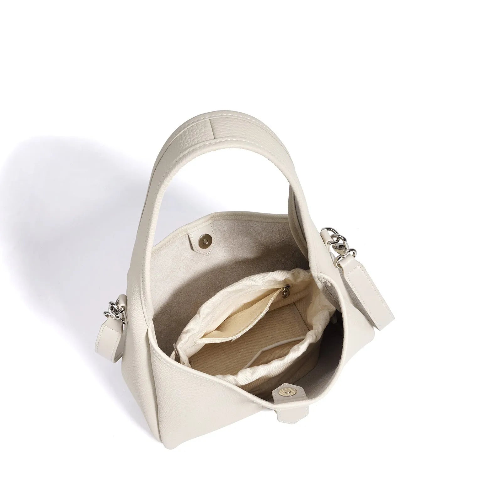 Fashion minimalist single shoulder crossbody handbag in genuine leather, bucket shape, milkshake white colour