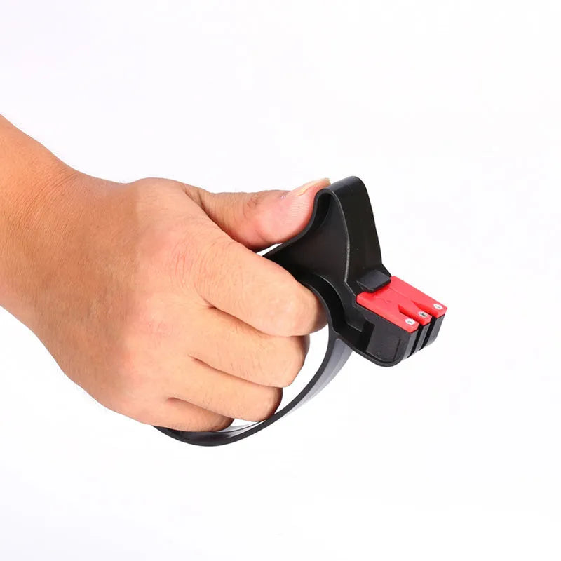 Black handheld knife and scissor sharpener with tungsten steel blade measuring 140mm