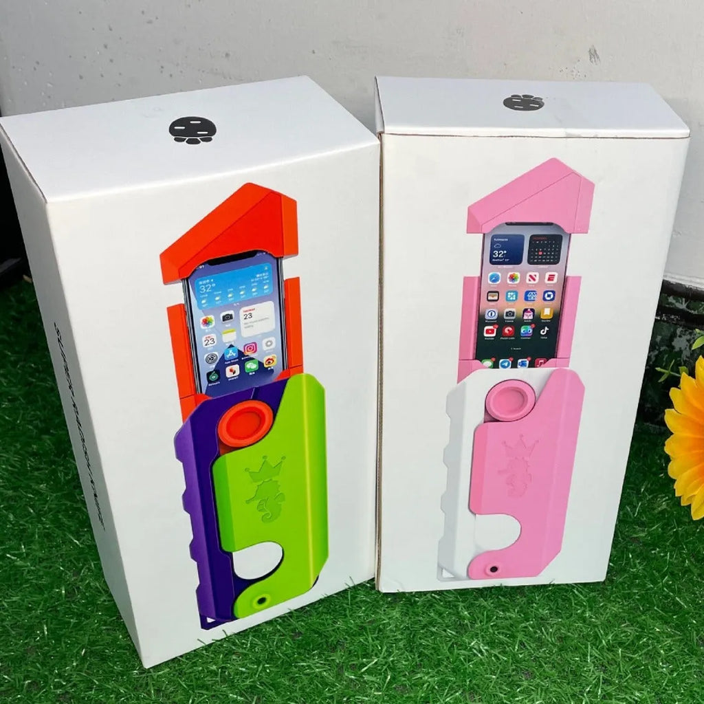 Pink White plastic phone case with built-in decompression toy featuring radish knife design