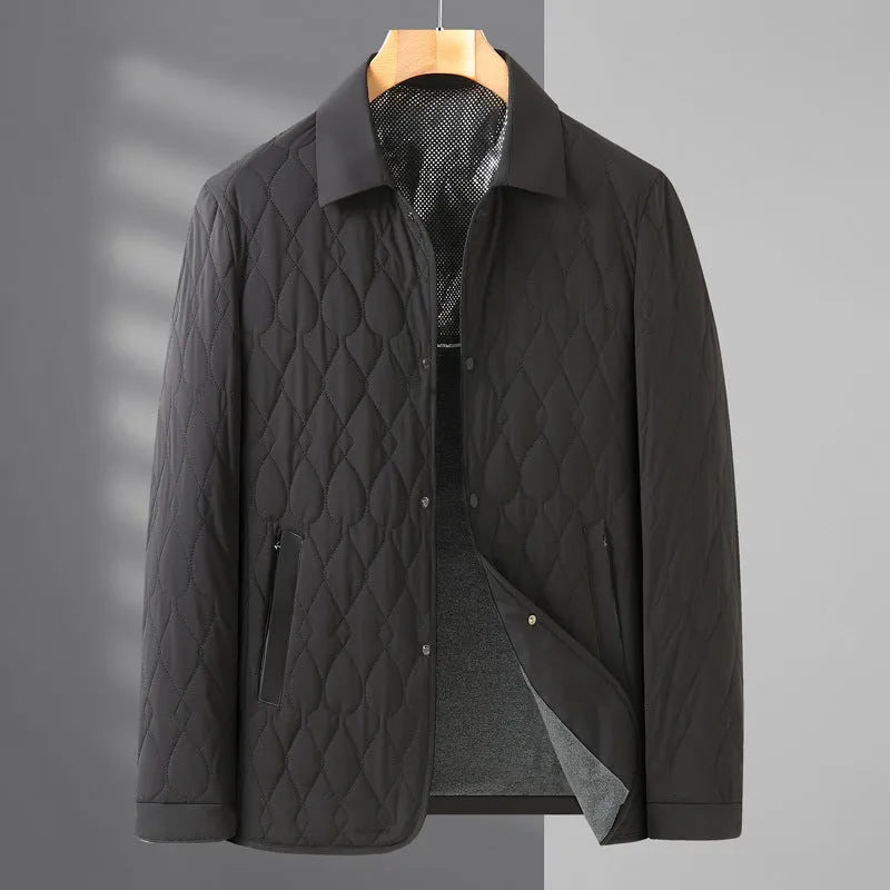 Men's lightweight diamond lattice cotton-padded jacket in black, gray green, and navy blue for autumn winter