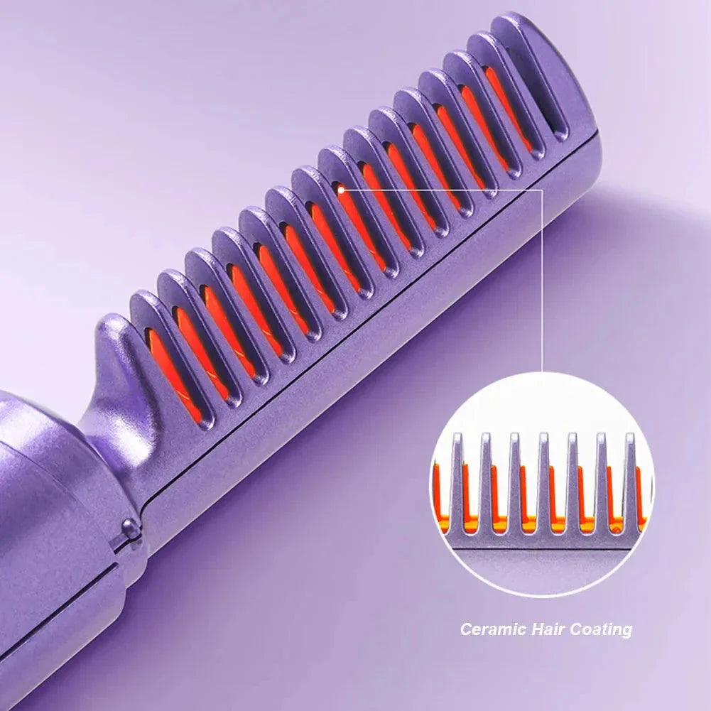 Portable cordless hair straightener and curler brush with ceramic plates for smooth, salon-quality styling