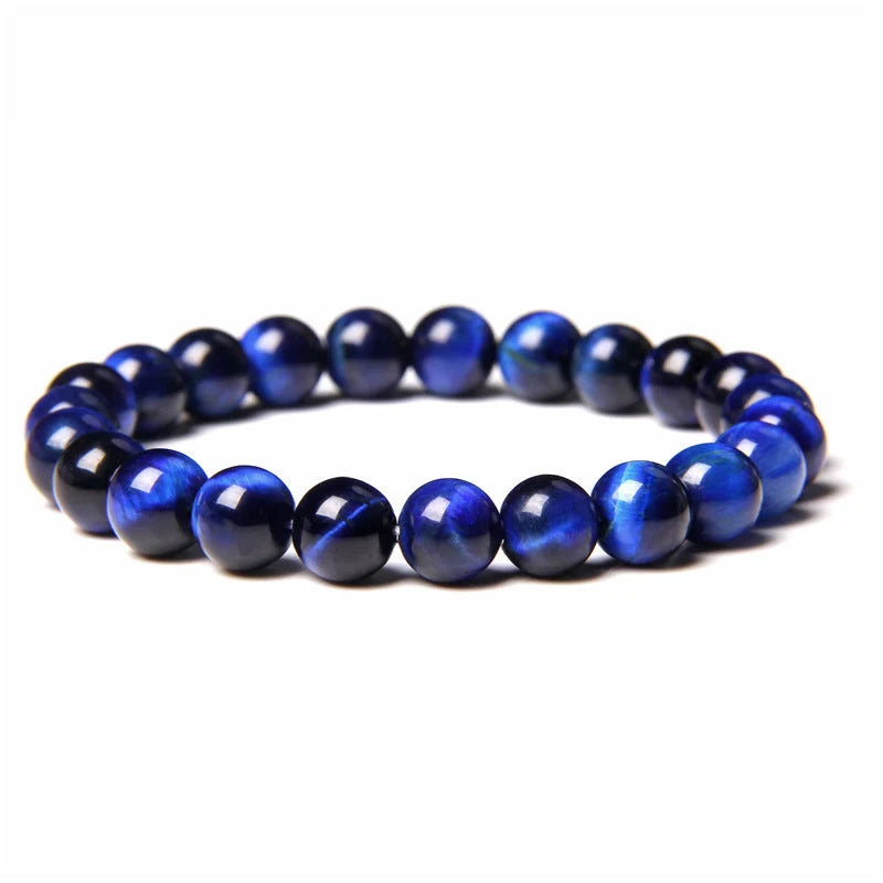 Handmade blue tiger stone couple bracelet with gold-plated accents, 8mm beads, 19cm length