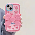 Pink 3D bracket bow heart silicone phone case for iPhone with hidden holder on the back