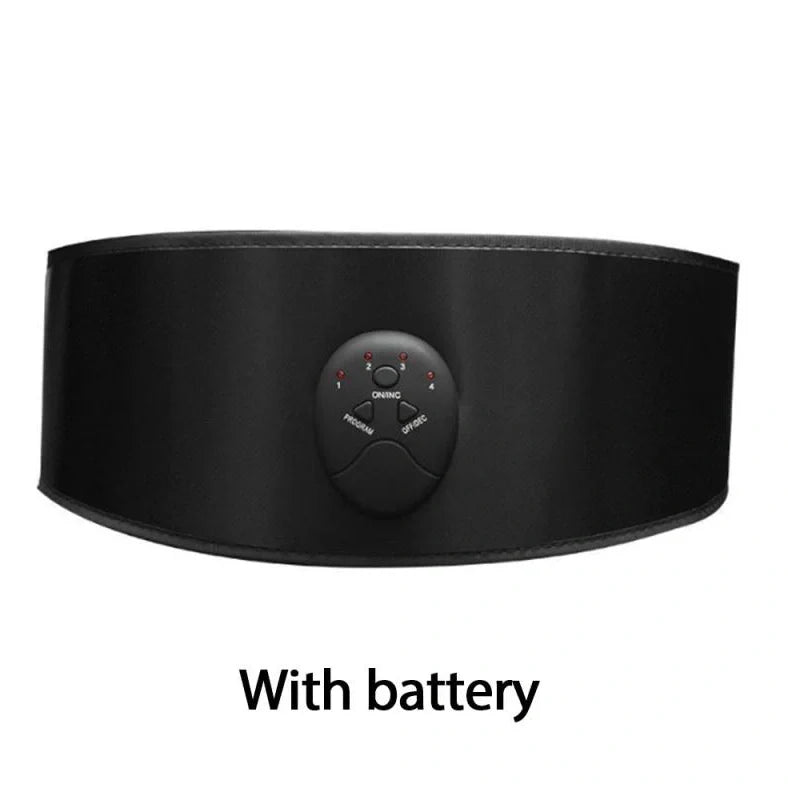 Black adjustable slimming belt with abdominal massage stick showing 110cm length and vibration controls