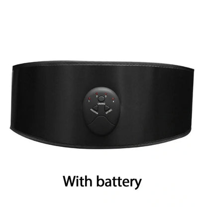 Black adjustable slimming belt with abdominal massage stick showing 110cm length and vibration controls