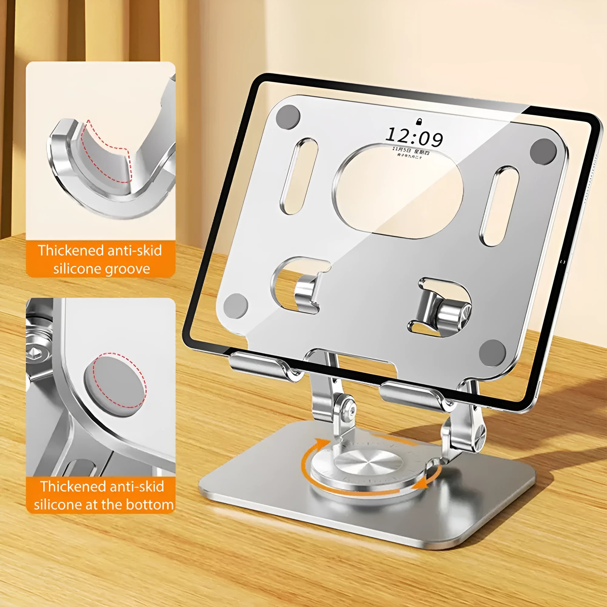 Rotating flat stand in Technology Silver showing metal and silicone construction with 15cm panel width and 13cm base