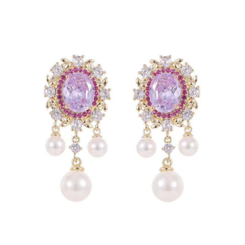Oval geometric copper earrings with zircon inlays and pearl tassel drops in light purple colour