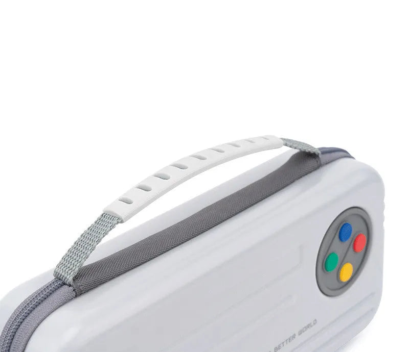 Nintendo Switch OLED storage handbag showing multi-cassette handle and 25.5x12.5x6 cm dimensions