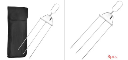 Stainless steel 3-prong BBQ skewer forks for perfect kebabs, non-stick and reusable.