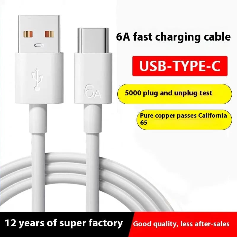 White 6A Type-C fast charging cable 1 metre with TPE material and USB-A connector