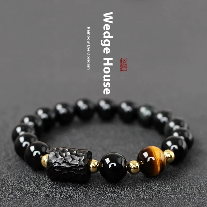 Handmade obsidian bracelet with red and yellow tiger eye stone beads