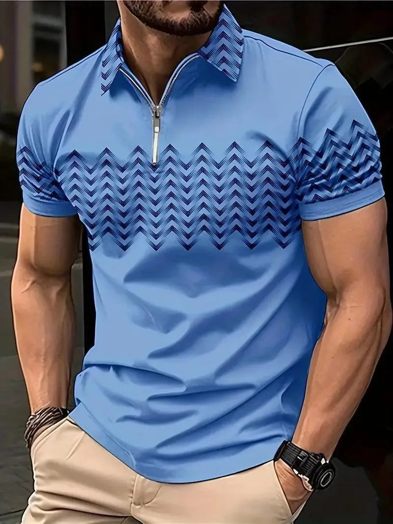 Printed golf shirt for men with letters pattern in polyester fibre, casual short sleeves, colour PL02-PY1