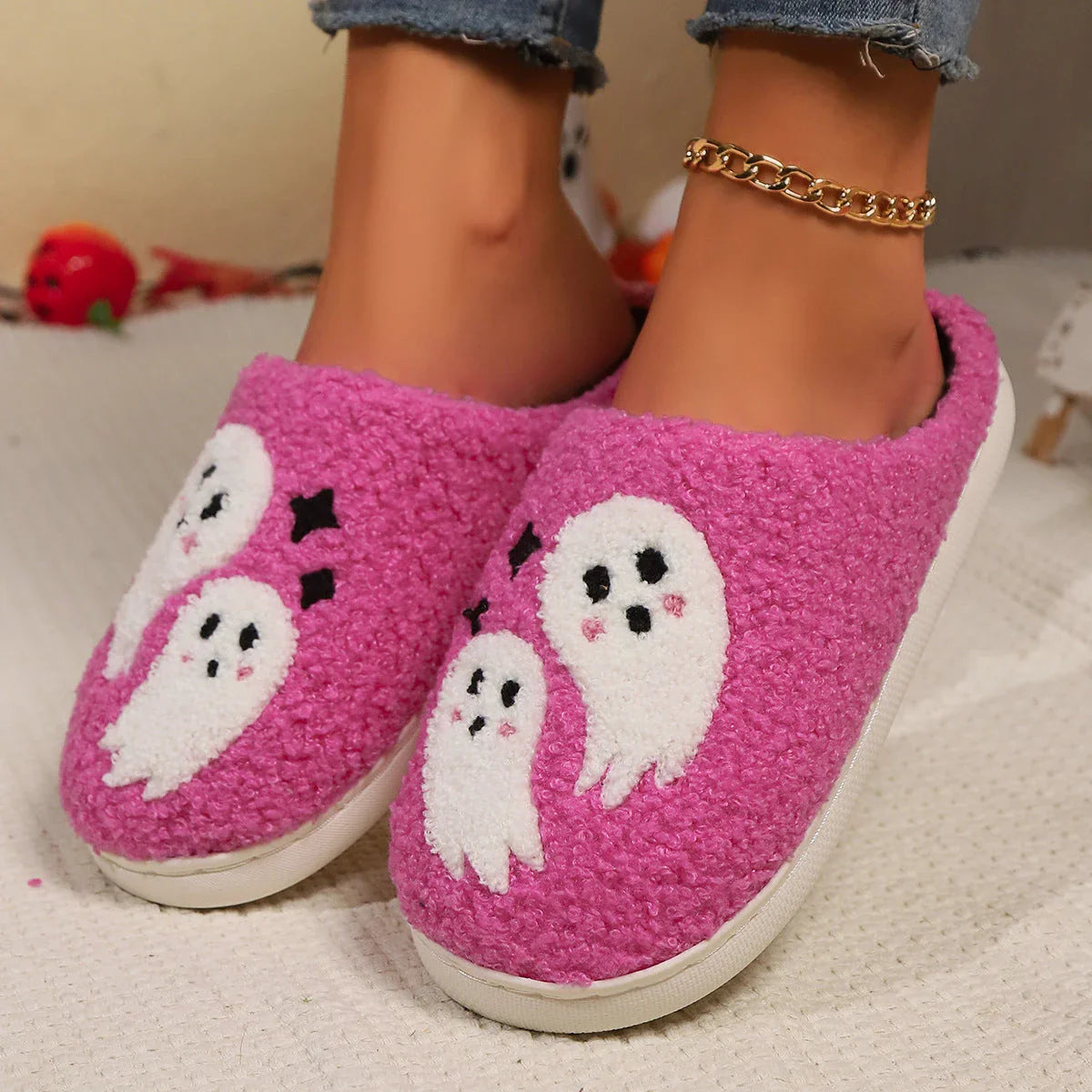 Cozy Halloween cartoon ghost slippers with soft cotton construction and non-slip soles for indoor wear
