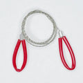 Outdoor survival wire saw with a stainless steel wire coil presented next to a small black leather carry case.