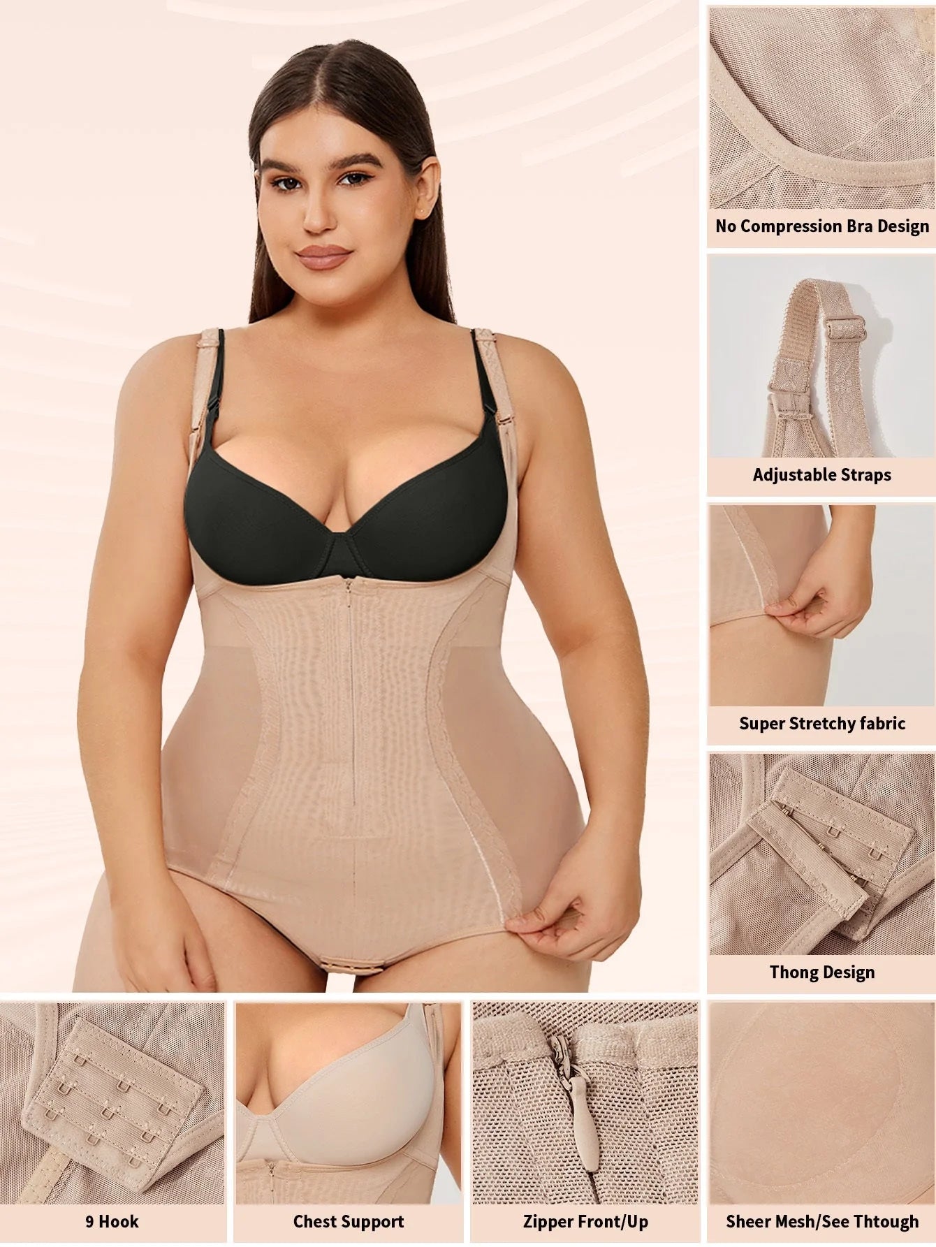 Women's shapewear bodysuit for tummy control and slimming effect in black and apricot