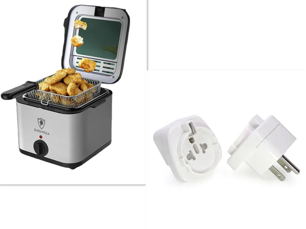Silver electric air fryer with stainless steel body and a removable rectangular frying basket.