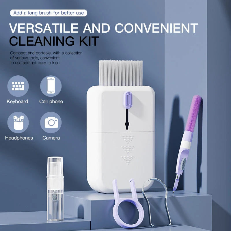 Portable 11-in-1 multifunctional cleaning kit with storage box in white, purple, orange, and blue