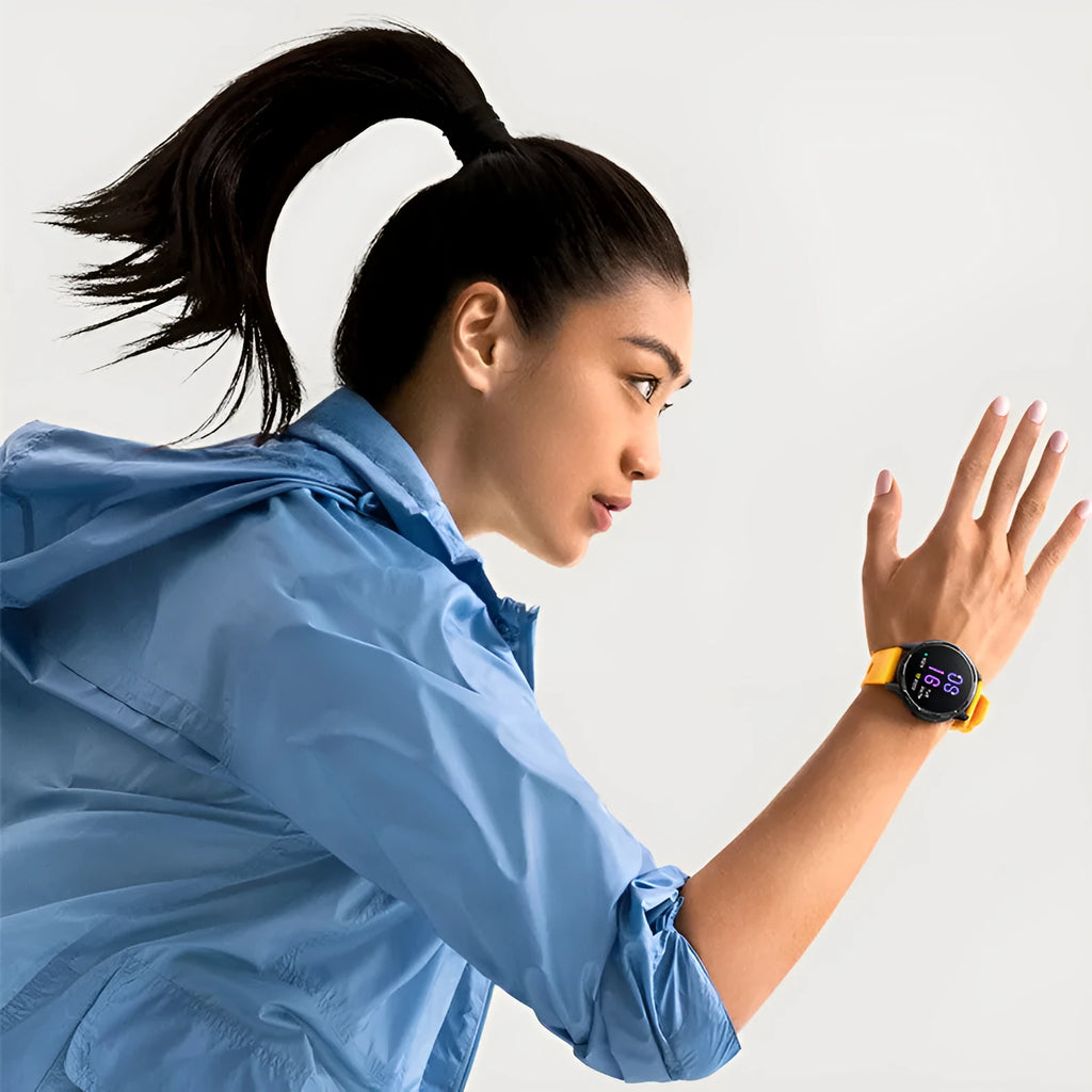 Dual band GPS smart watch with 1.43 inch screen in black, white, or blue colour options