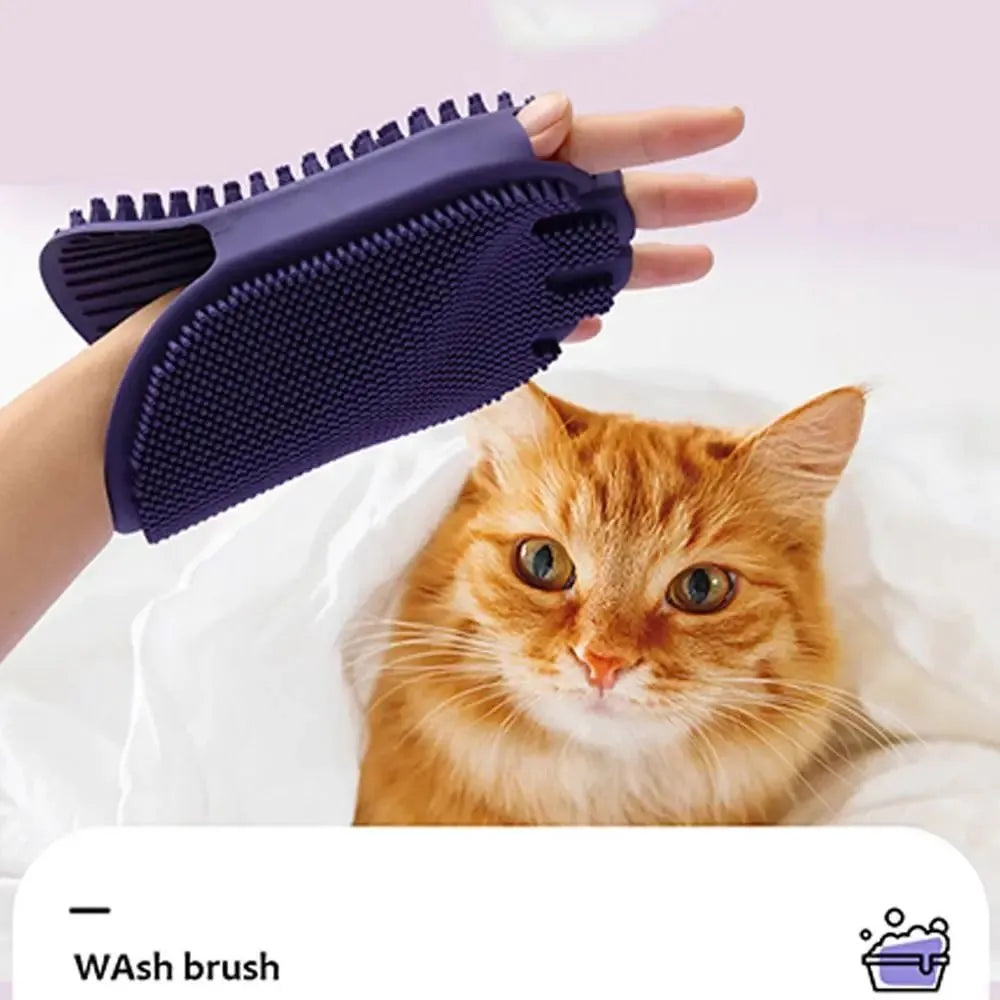 Purple pet grooming brush with soft silicone bristles and ergonomic TPR handle