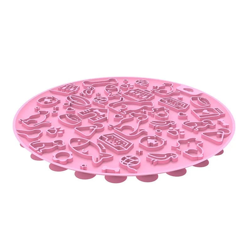 Round blue silicone pet licking mat with textured surface and central sucker on a white background.
