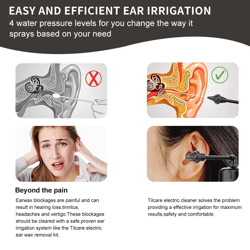Black silicone ear washer with three nozzles and USB cable on white background