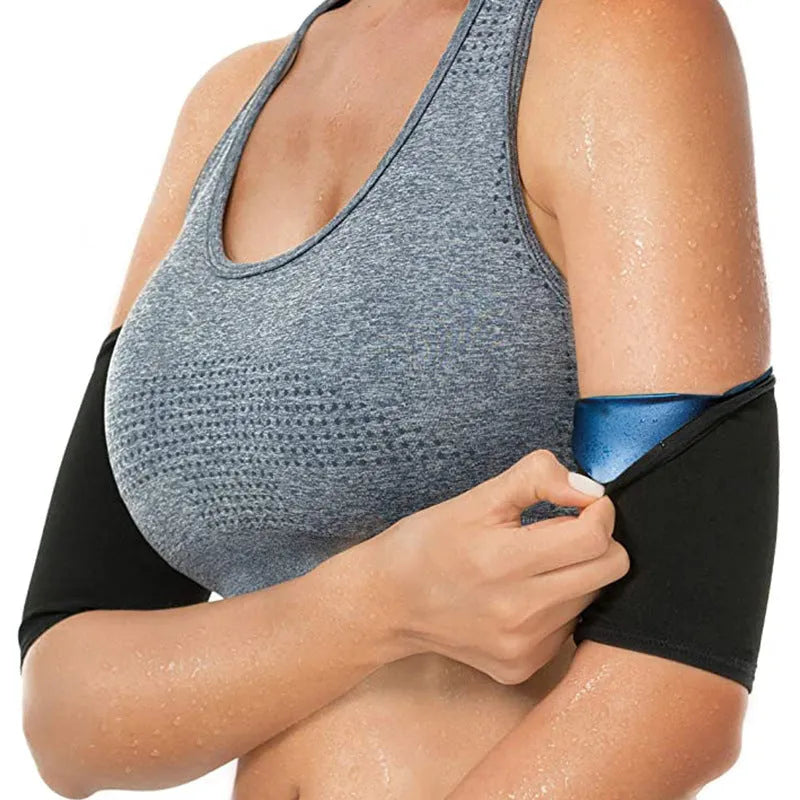 Adjustable arm sweatband in blue colour with binding strap, shown on an arm.