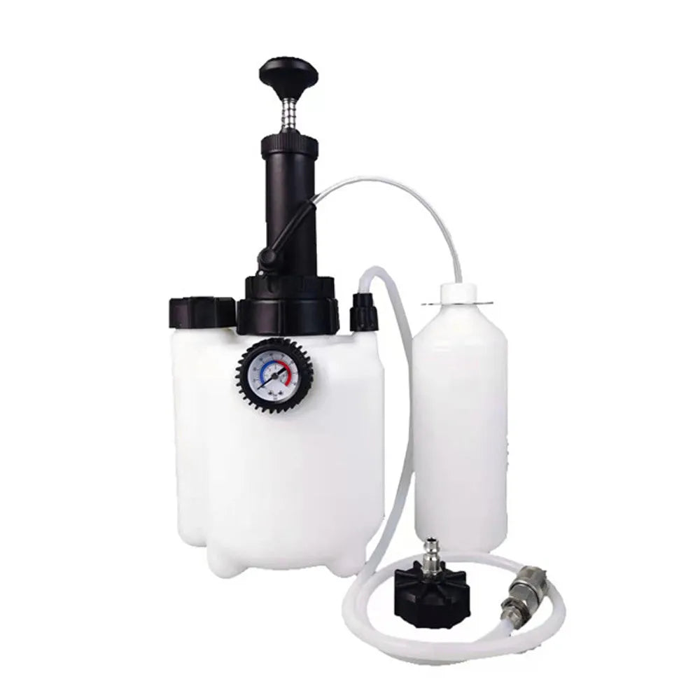 White 3-litre automotive brake fluid tank and bleeding tool with copper and iron components.