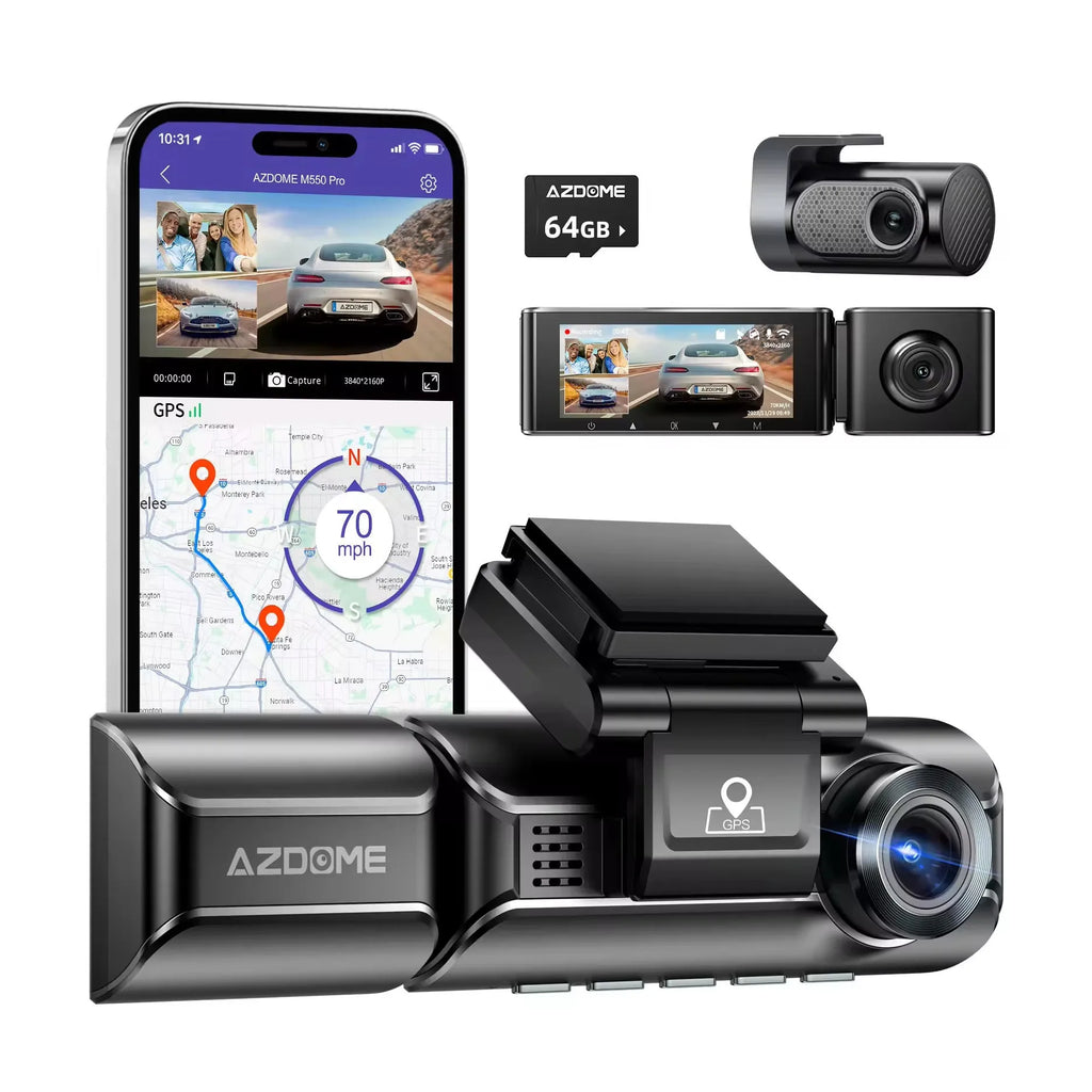 M550 dash cam with 3-inch screen mounted on car windscreen next to rear-view mirror.