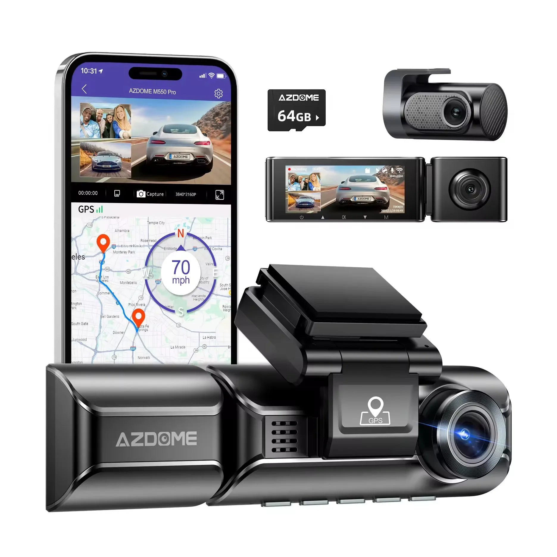 M550 dash cam with 3-inch screen mounted on car windscreen next to rear-view mirror.