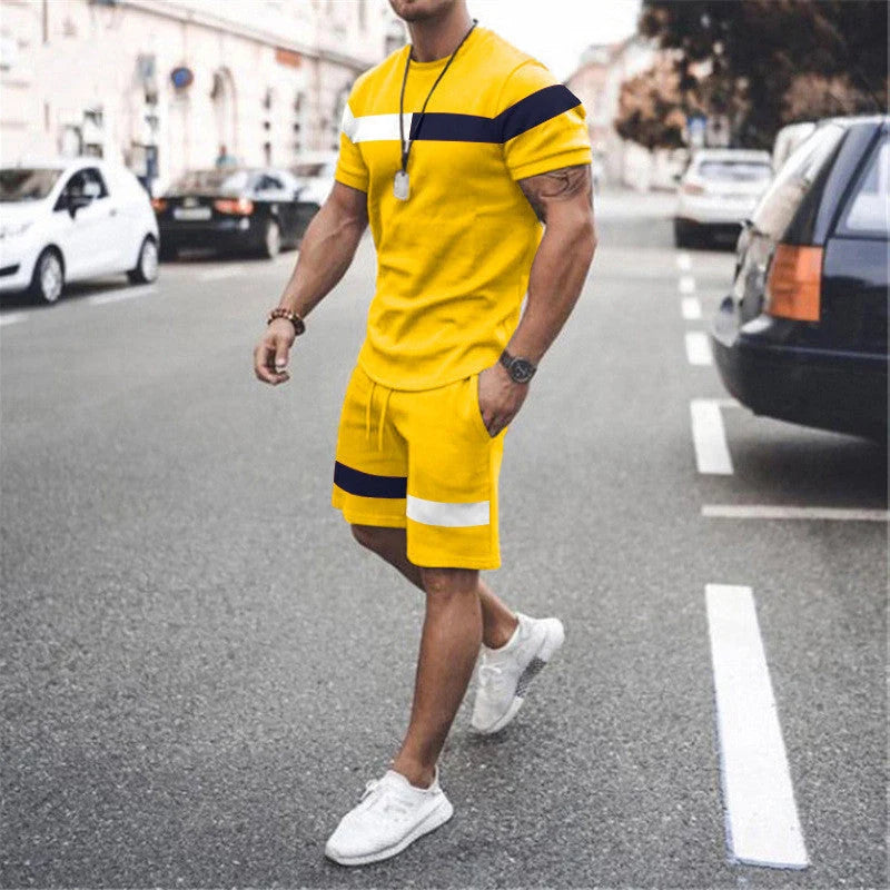 Men's Athletic Leisure Patchwork Short Sleeve Fitness Suit in various colours