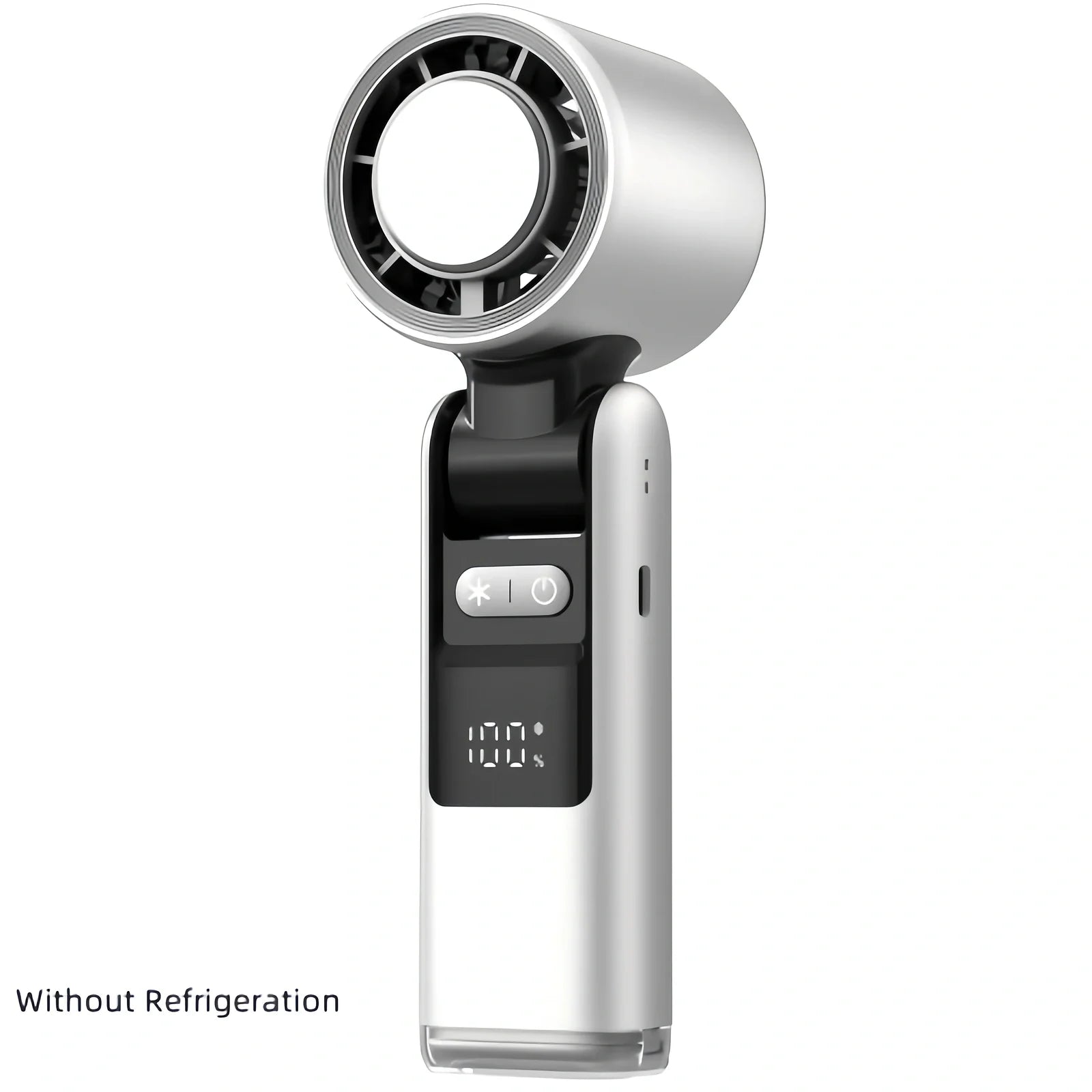 White USB-powered mini turbos fan folded 180° showing digital display and plastic blades, 63x57x176mm for portable camping cooling