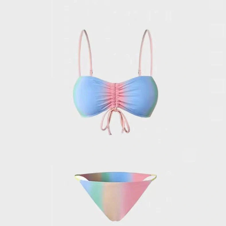 Women's lace-up front bikini swimsuit with triangle top and tie-side bottoms in colour-matching polyester fabric