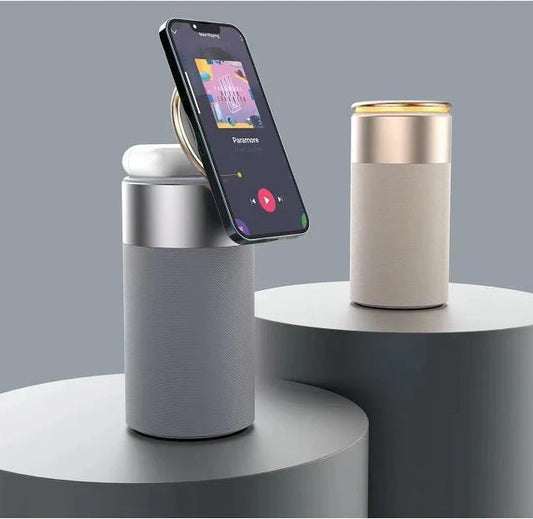 A sleek and modern 3-in-1 device that wirelessly charges your iPhone and AirPods, plays Bluetooth audio, and features a touch-controlled lamp for enhanced convenience and ambiance