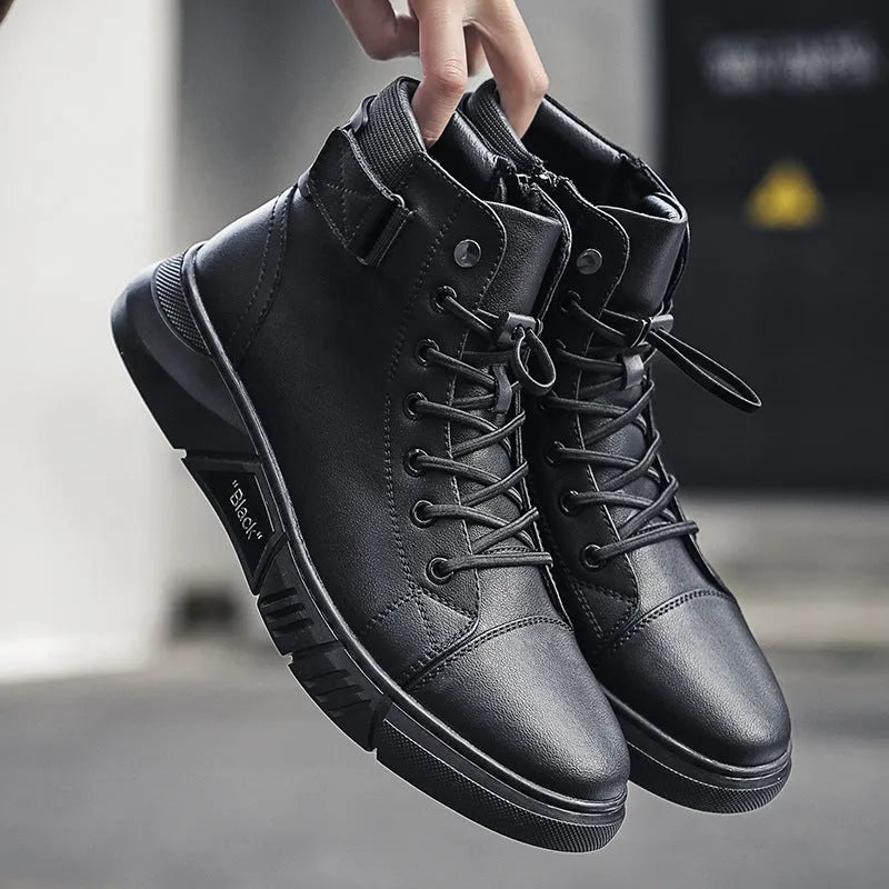Black high-top men's leather boots with cotton lining and rubber sole on wooden floor