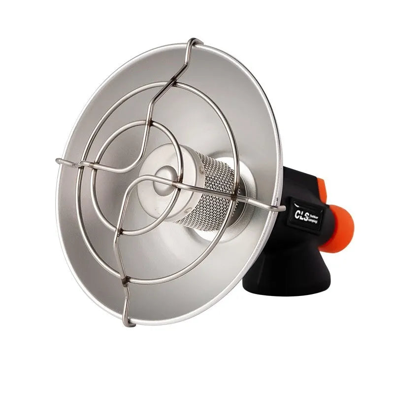 Black and orange portable outdoor gas heating stove with piezo ignition on a table