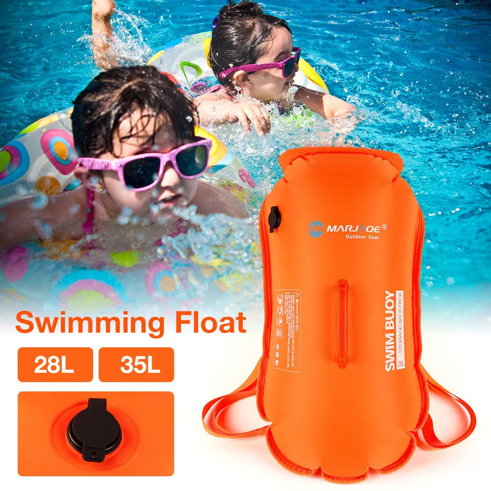 Double Airbag Swimming Buoy with detachable shoulder strap and waterproof backpack in fluorescent orange