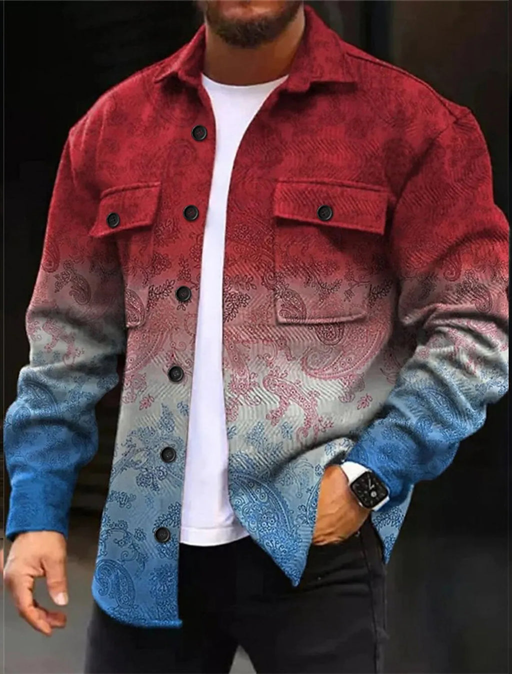 Men's corduroy long sleeve shirt in colour C924-8, loose fit, with chest pocket, autumn winter casual wear