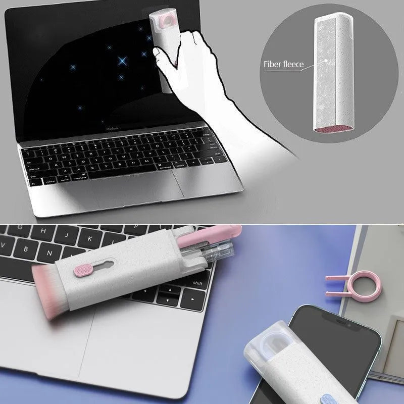 Multifunctional electronics cleaning kit with cleaning pen, brush, key puller, and spray bottle on a white background