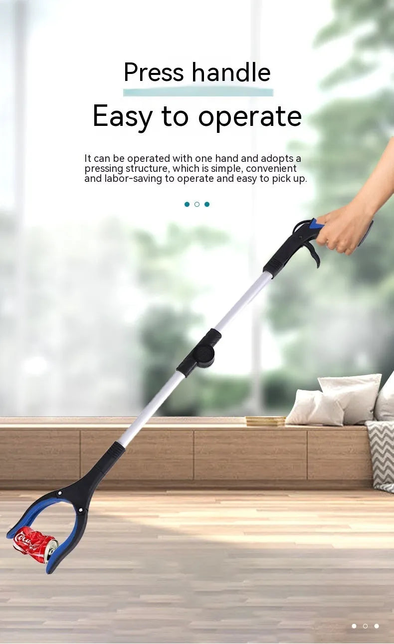 Foldable aluminium rubbish grabber with magnet, shown extended and in blue, orange, and yellow handle colours.