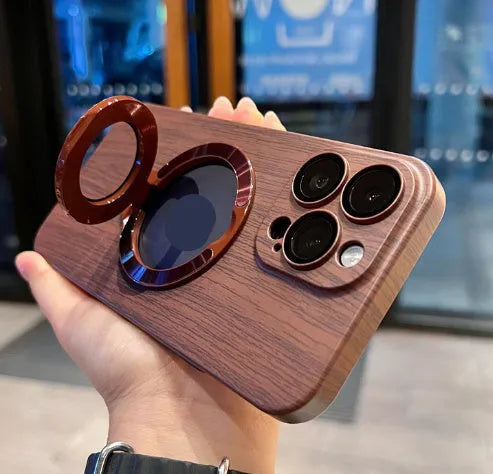 Walnut wood grain PC phone case with magnetic bracket for Apple iPhone 12 13 14 series shockproof and anti-fall