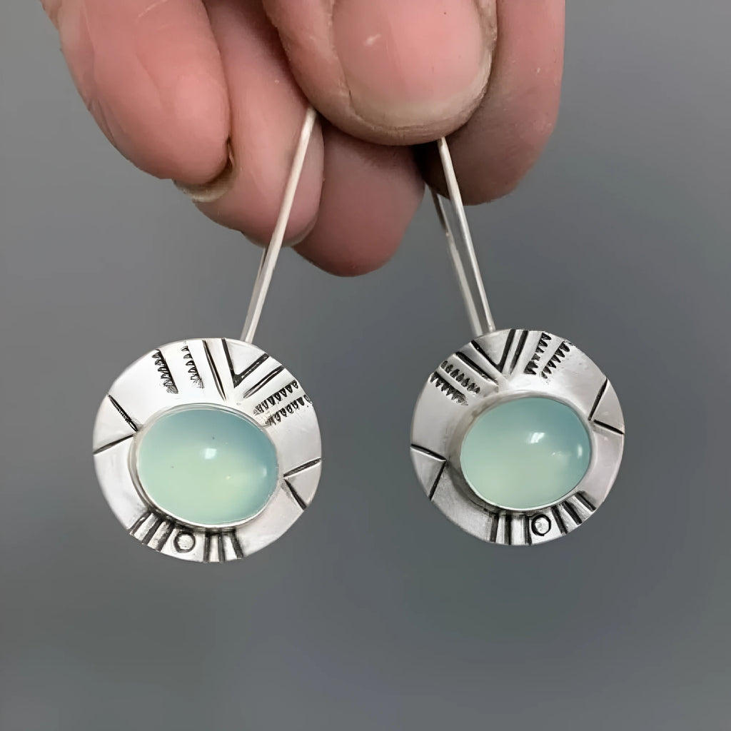 Antique silver water green chalcedony drop earrings for women, 44mm by 17mm, retro style with round elements