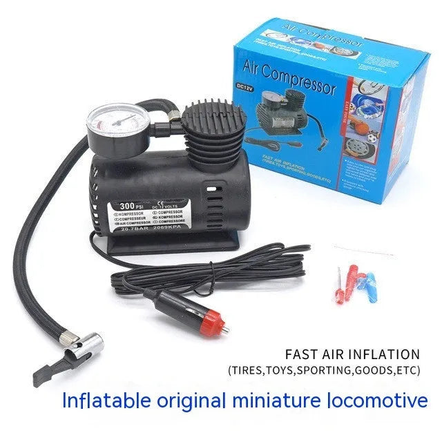 Black 12V portable mini car tyre air pump with dimensions 13.5x12x7cm.