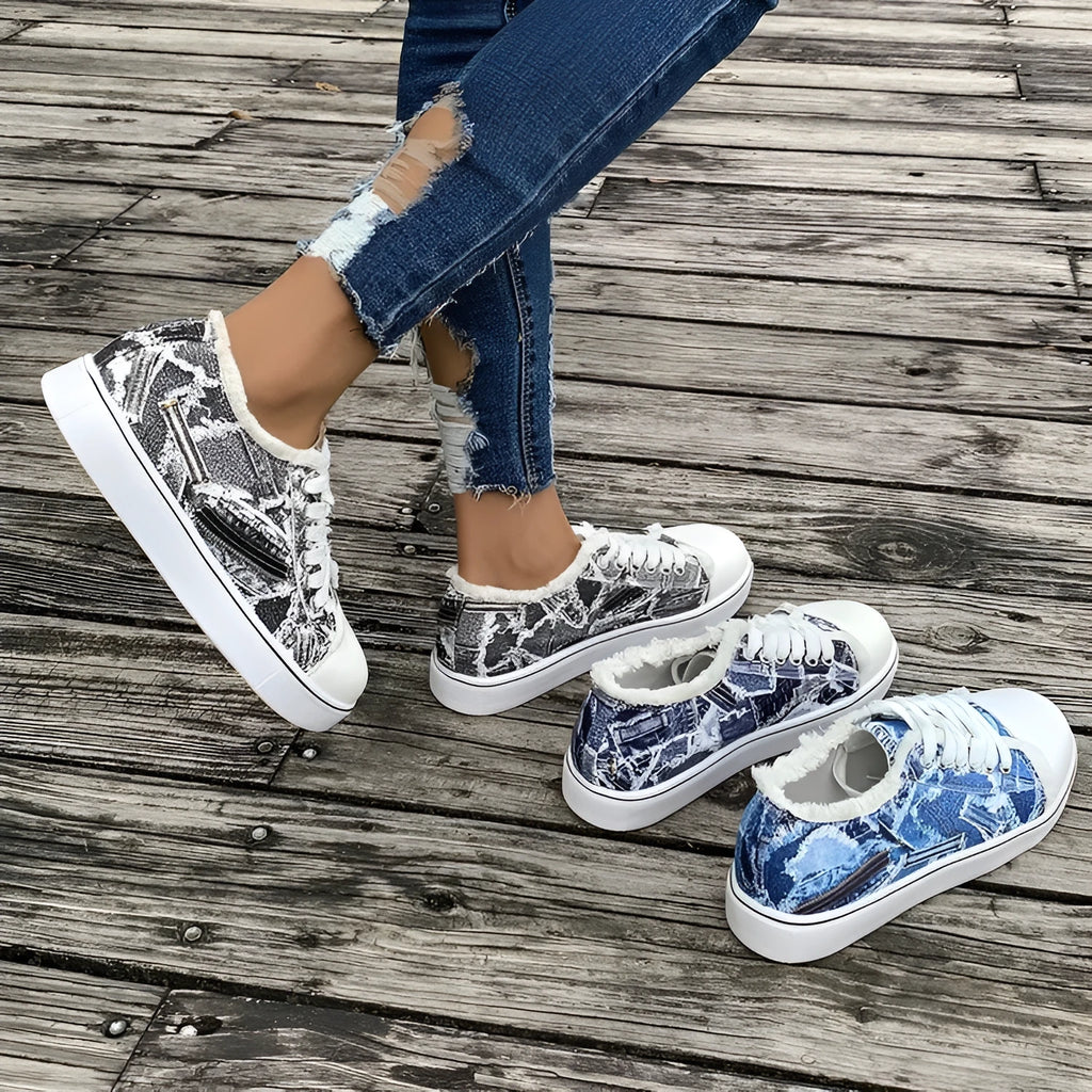 Plus size flat canvas shoes low top animal print Denim Blue side view