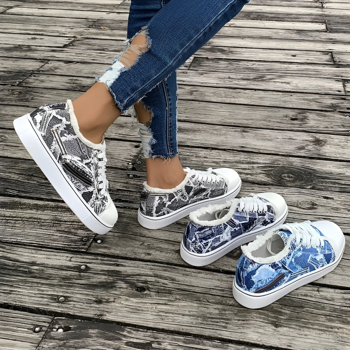 Plus size flat canvas shoes low top animal print Denim Blue side view
