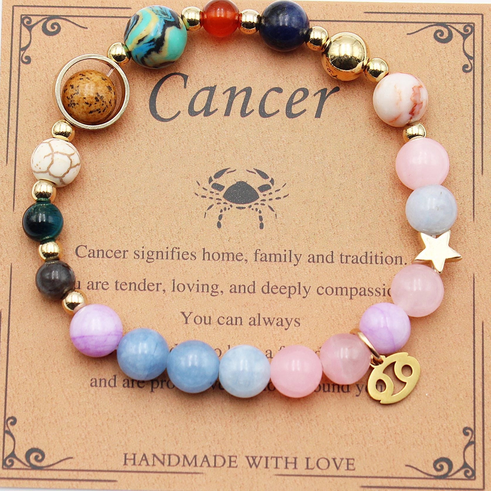 Morgan Stone beaded bracelet with twelve constellation designs, showcasing personalised zodiac signs.