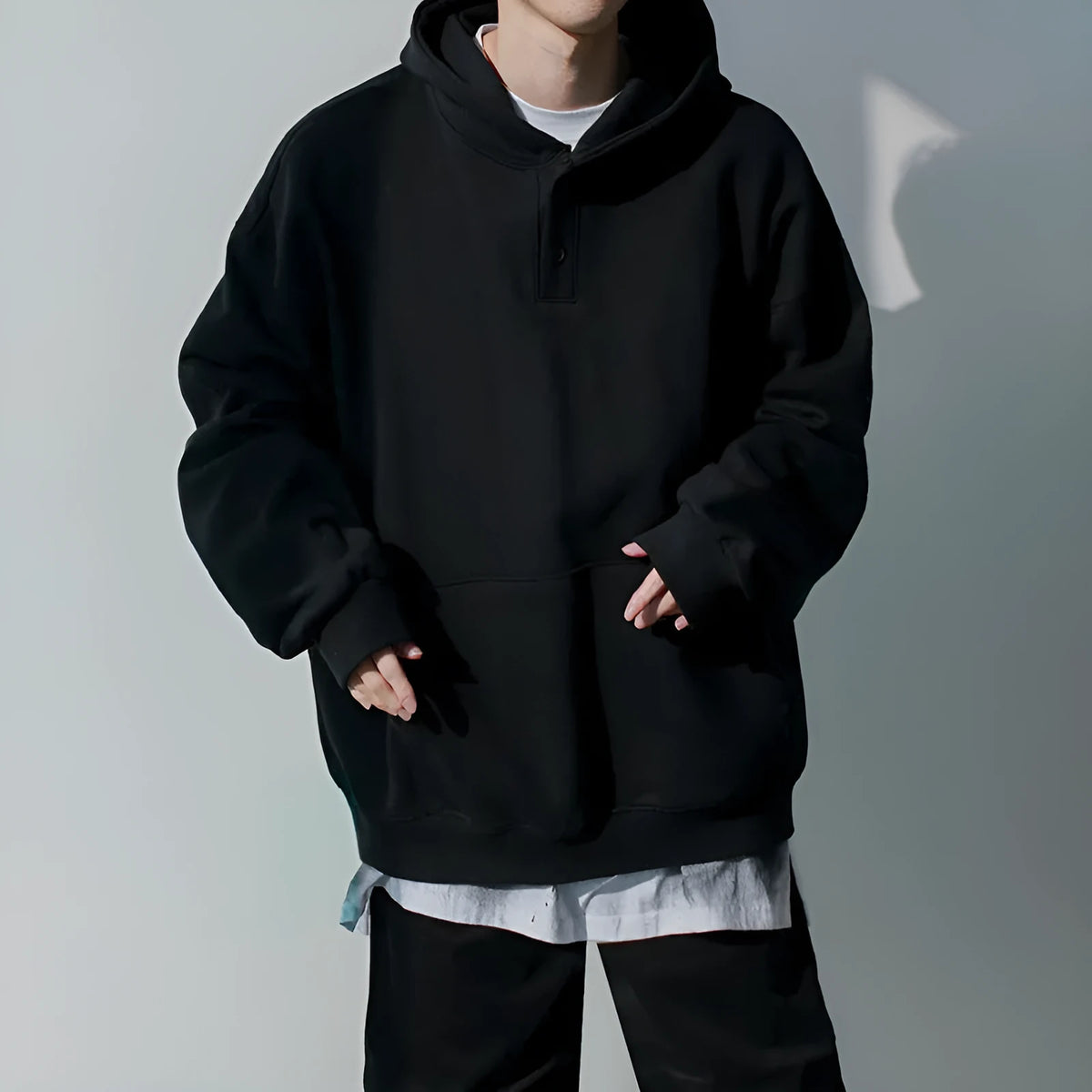 Men's hooded cotton sweatshirt black loose fit with button detail and hidden pocket